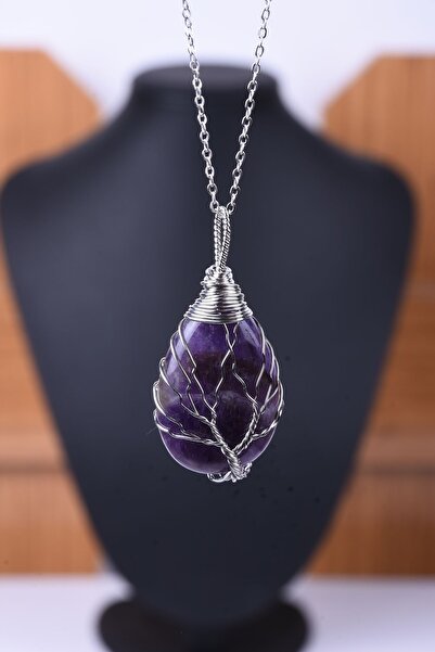 Taşmeran قلادة قطرة ملفوفة بسلك من الحجر الطبيعي من الجمشت Tky0335