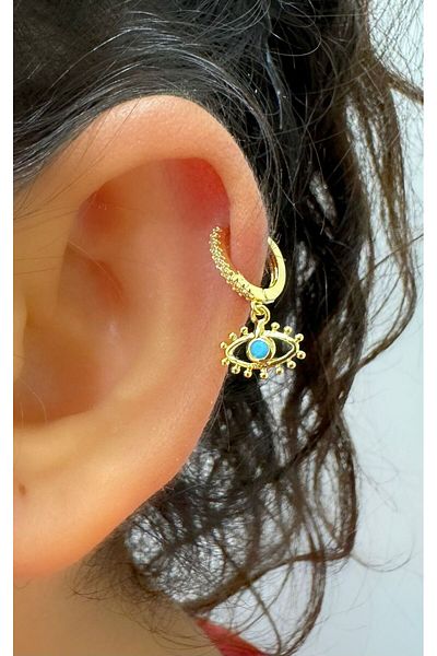 Arescollection Zircon Stone Blue Eye - 1 Piece Helix Cartilage Earlobe Compatible Ring Piercing Earrings