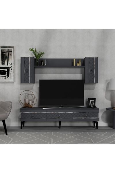 cantek dizayn İppek 180 Cm Tv Ünitesi Takımı Antrasit-gümüş