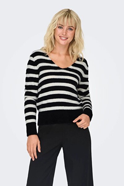 ONLY Pulover tricotat pentru femei, cu decolteu în V, cu mâneci lungi, alb-negru 15259562