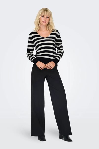 ONLY Pulover tricotat pentru femei, cu decolteu în V, cu mâneci lungi, alb-negru 15259562