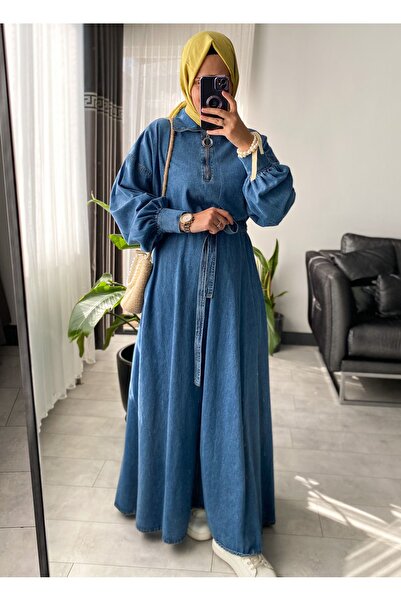 SARE BOUTIQUE فستان جينز - رقبة قميص وسحاب مفصل