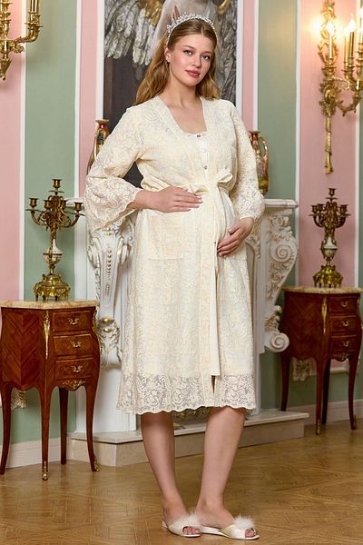 Cossy By Aqua Cb25131 Women's Cream Midi Length Lace Maternity Lace Dressing Gown