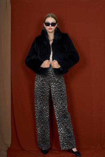 Neşeli Butik Black Fur Coat - Stand Collar, Women, Nbmylk18