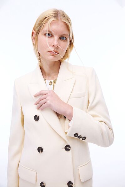 Perspective Mona Slim Fit Long Length False Sleeve Men's Collar Ecru Color Women's Coat