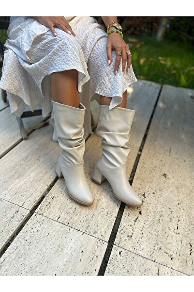 İnan Ayakkabı BEJ CİLT KADIN KÖRÜKLÜ ÇİZME (5 CM) TOPUK BOYU