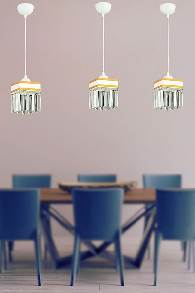 SONSUZ AYDINLATMA&AVİZE Infinite Single White Pendant Lamp with Crystal Stones and Yellow Stripe Square Downward Facing Luxury Chandelier