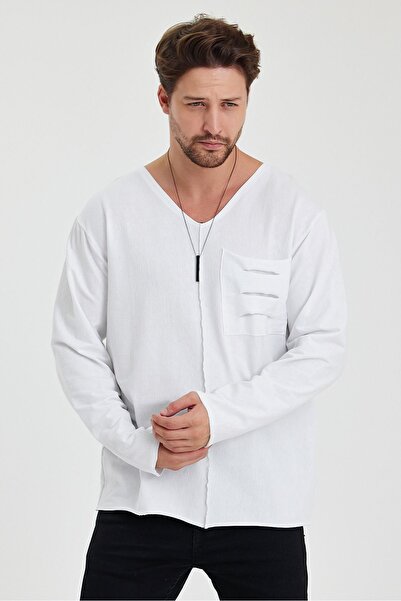 rammers V Yaka Pis Kesim Detaylı Cepli Uzun Kollu Tişört Rahat Kesim