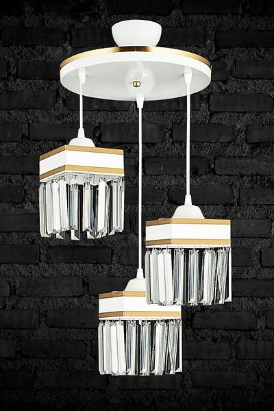 SONSUZ AYDINLATMA&AVİZE Infinite 3-Piece White Pendant Lamp with Crystal Stones and Yellow Stripe Square Downward Facing Luxury Chandelier