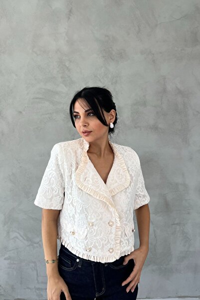 Seda Yalçın Atelier Κοντομάνικο Κρεμ Δαντελένιο Μπουφάν με επένδυση