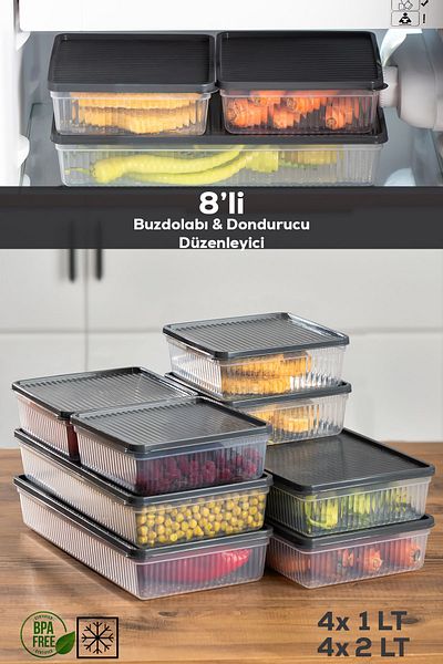Porsima 1101-1169 8-Piece Anthracite Refrigerator Organizer - Microwave, Deep Freezer and Freezer Pallet Storage Container
