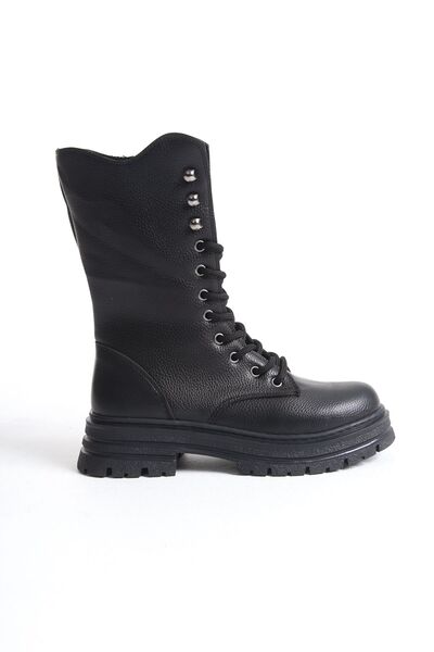 MARSEDO Women's Black Thick Heeled Boots - Lace-Up and Zippered Bern