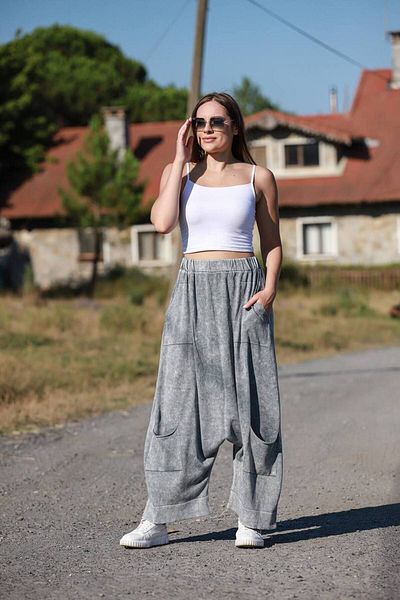 AYASOFYA OTANTIK Gray Loose Cotton Knitwear Trousers - Bag Pocket Detail, Wide Leg Antique