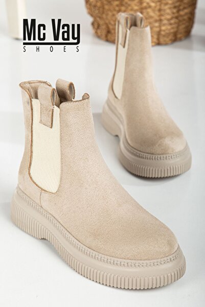 Mc vay Shoes Lastikli Bej Süet Lastikli Detaylı Şık Kadın Bootie