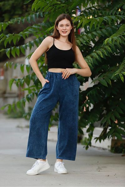 AYASOFYA OTANTIK Navy Blue Antique - Wide Leg Loose Cotton Women's Knitwear Trousers
