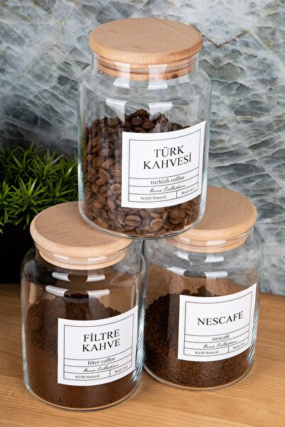 MODA OZY حاوية تخزين زجاجية مكونة من 3 قطع سعة 800 مل مع غطاء خشبي من نسكافيه وقهوة تركية وفلتر قهوة
