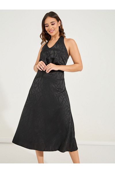 Styli Halter Neck Jacquard A-Line Midi Dress