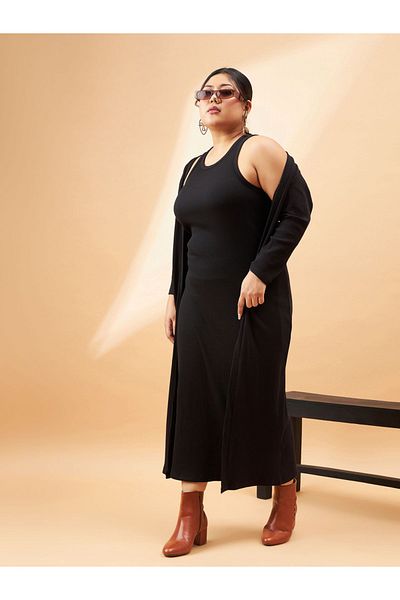 Sassafras By Styli Plus Ribbed Bodycon Midi Dress with Shrug Set
