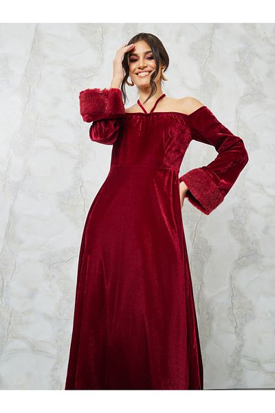Styli Faux Fur Trim Velvet A-Line Maxi Dress