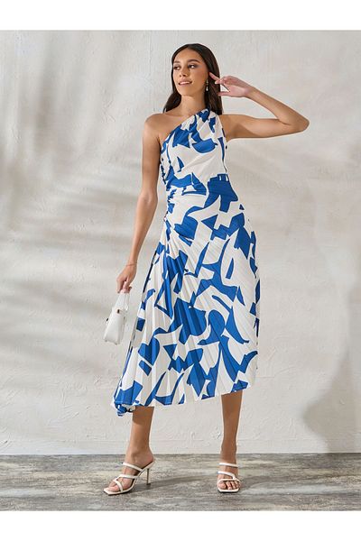 Styli Abstract Print One Shoulder Neck Gathered Midi Dress