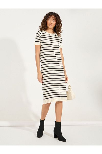 Styli Striped Knitted T-Shirt Knee Length Dress
