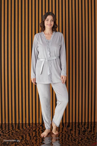 Pijamoni Velvet 3-Piece Pijamonı Strappy Women's Pajamas Set - 5545 Light Gray
