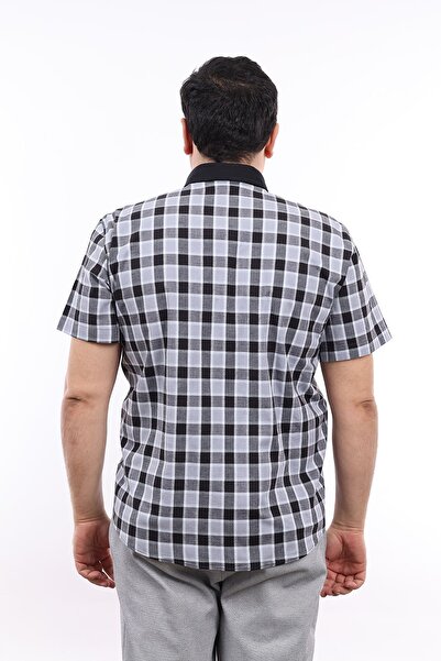 TOUSUS Ανδρικό πουκάμισο με κοντό μανίκι με μαύρο-γκρι καρό λύκρα με κουμπιά KK-8041-TSS