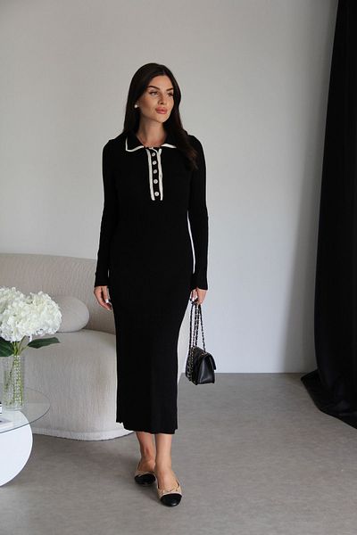 Julidress Rochie din tricot midi cu nervuri - guler polo, detaliu nasturi, maneca lunga