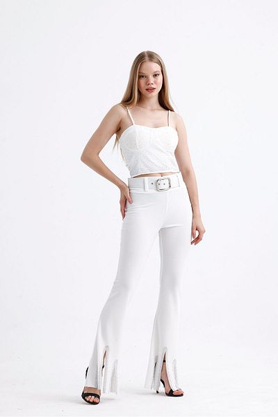 Sense White Belted Stone Detailed Evening Dress Trousers - Pnt35061