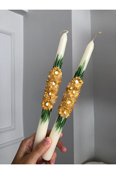 Elif Design El boyaması gold detaylı papatya ve çiçek kabartmalı şamdan mum / boyutlu mum (1 ADET )