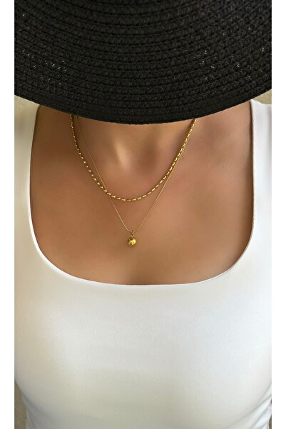 Çelik Top Detay Farklı Çift Zincir Kombin Çelik Kolye