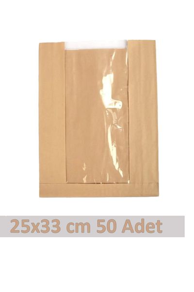 OLİ Art 25x33cm Pouch Kraft Paper with Window - 50 Pieces Side Gusset Packaging Gift Package