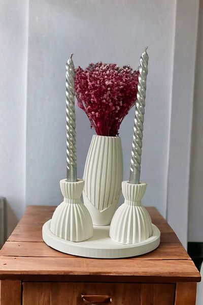 RAİSE STYLE Gift and Decorative Circle Plate Modern Patterned Vase and 2 Candlestick Set 4 Pieces Raw White