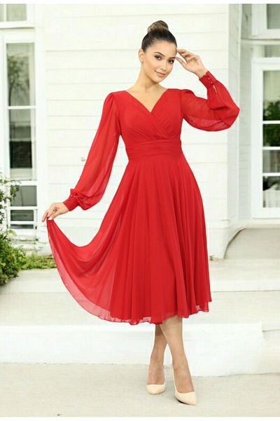 FaBe Fashion Long Sleeve Covered Back Double Breasted Collar Midi Chiffon Dress