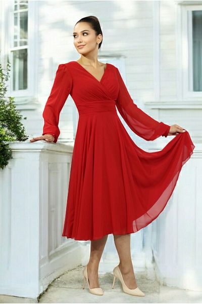 FaBe Fashion Long Sleeve Covered Back Double Breasted Collar Midi Chiffon Dress