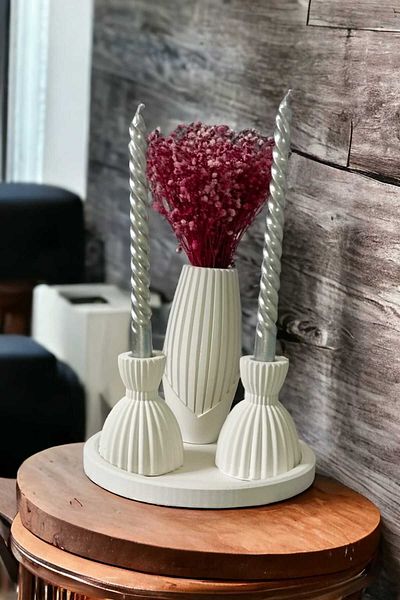 RAİSE STYLE Gift and Decorative Circle Plate Modern Patterned Vase and 2 Candlestick Set 4 Pieces Raw White