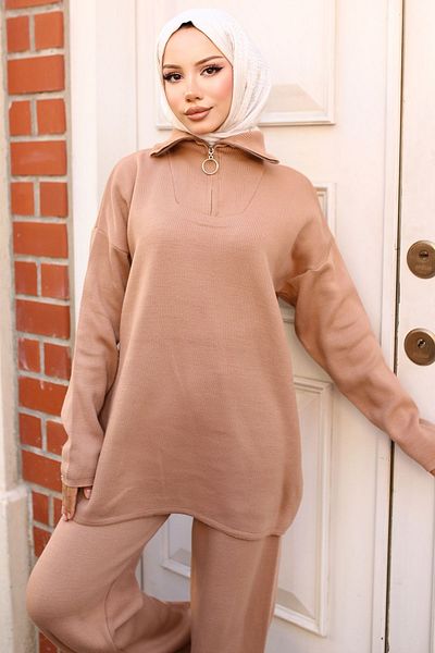 benguen 3109 Model Mink Knitwear Set - Με φερμουάρ στο γιακά