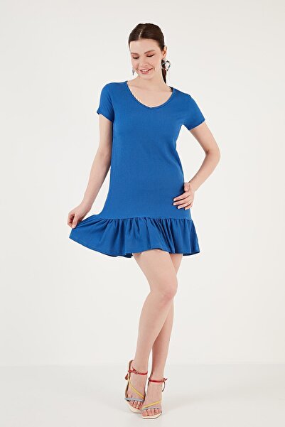 Lela Regular Fit Fırfırlı V Yaka Bürümcük Mini Elbise Elbise 5865071