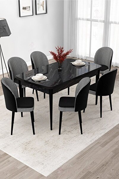 Canisa Jul Serisi 80x132 Açılabilir Siyah Mermer Desen Yemek Odası Takımı Ve ...