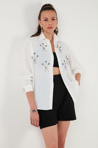 Lela Shiny Stone Detailed Regular Fit Summer Shirt - SHIRT6113615