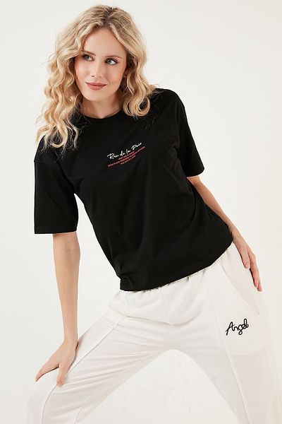 Lela Written Detailed Cotton Oversize Crew Neck T Shirt T SHIRT 541RUEDELA