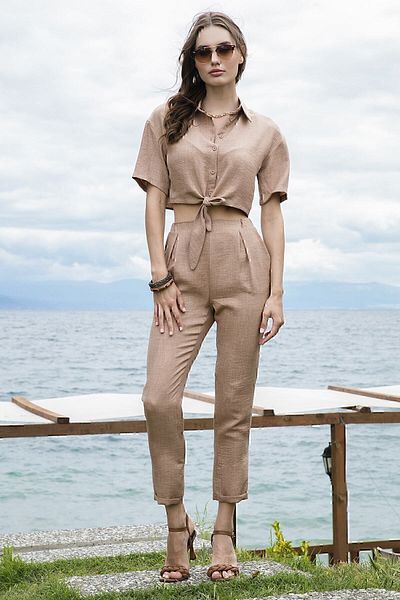 Lela Linen Look Tie-Up Short Sleeve Crop Shirt 611au007