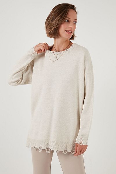 Lela Pulover de tricotaj cu gât crew - Pulover cu detaliu rupt 4616167