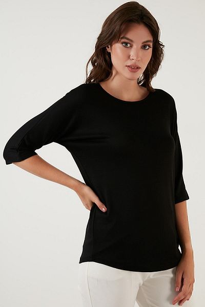 Lela Γυναικεία μαύρη μπλούζα με λαιμόκοψη τριών τετάρτων 5863589