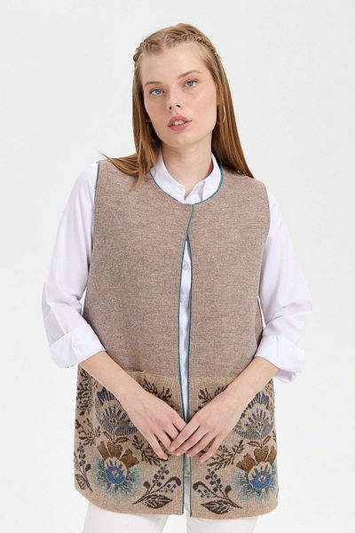 Desen Triko Women's Knitwear Open Front Araboy Wool Vest K.Beige