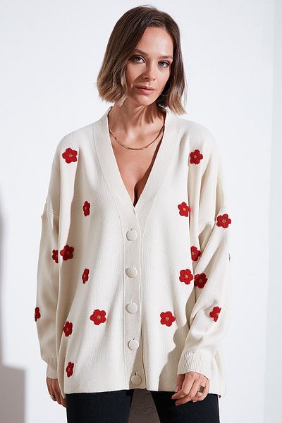 Lela Soft Acrylic V-neck Floral Cardigan - Oversize Fit Cardigan 4616192