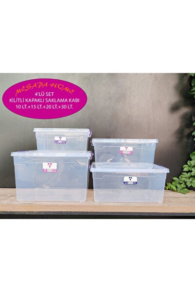 MESAPA LOTUSBOX 4'LÜ YATAY SAKLAMA KABI SETİ, 10+15+20+30 LT. KİLİTLİ KAPAKLI...