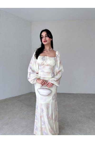 lolembutik Yellow Satin Dress - Long Sleeve, Digital Print Flower Pattern