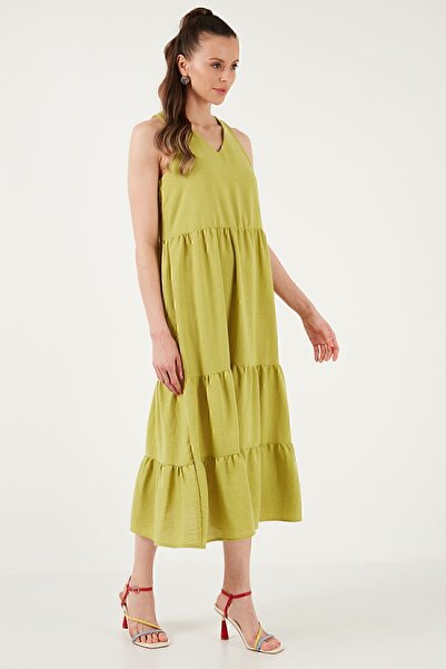 Lela Relaxed Fit V Yaka Volanlı Midi Elbise  ELBİSE 611EL011