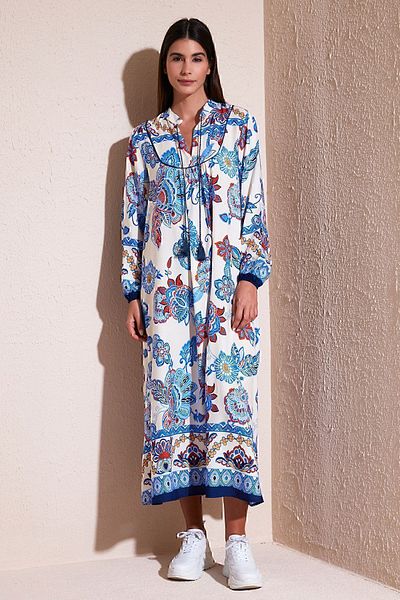 Lela Modest Patterned Regular Fit Tied V-Neck Maxi Dress 611el510